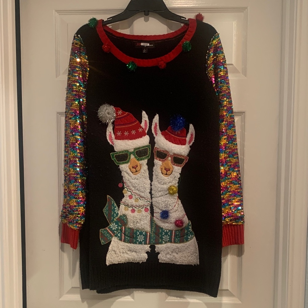 Holiday Llama Sweater with Sequin Sleeves could be worn as a sweater dress